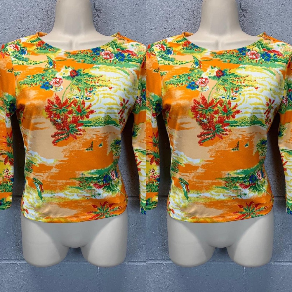 Vintage 80 Orange Hawaiian Print Stretchy Crop Top Small  B10